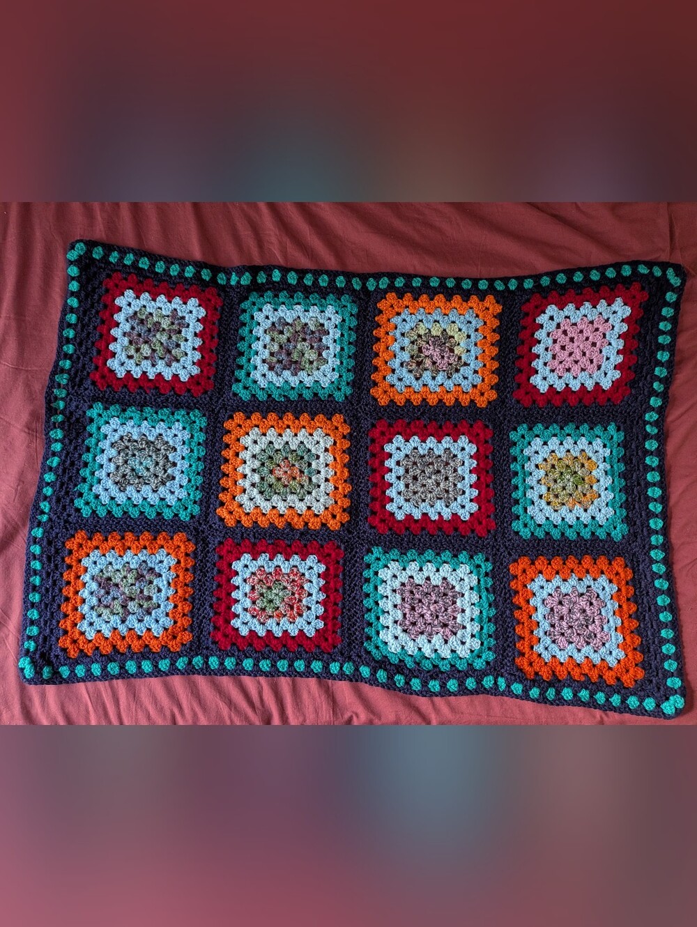 HANDMADE Multicolor Crochet Wool Bohemian Granny Square Throw Blanket